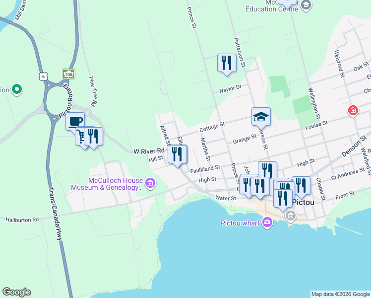 map of restaurants, bars, coffee shops, grocery stores, and more near 50 Elliott Street in Pictou