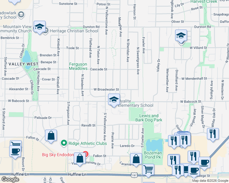 map of restaurants, bars, coffee shops, grocery stores, and more near 3600-3610 West Broadwater Street in Bozeman