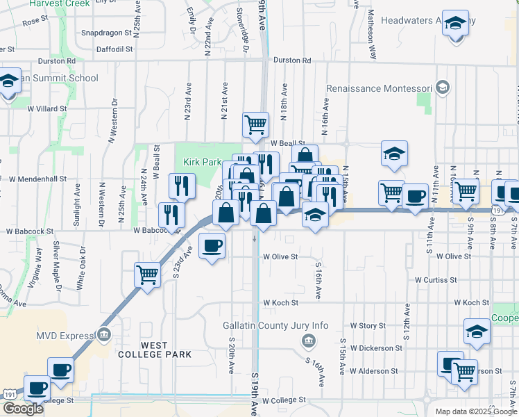 map of restaurants, bars, coffee shops, grocery stores, and more near W Main St & N 19th Ave in Bozeman
