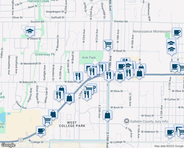 map of restaurants, bars, coffee shops, grocery stores, and more near West Babcock Street in Bozeman