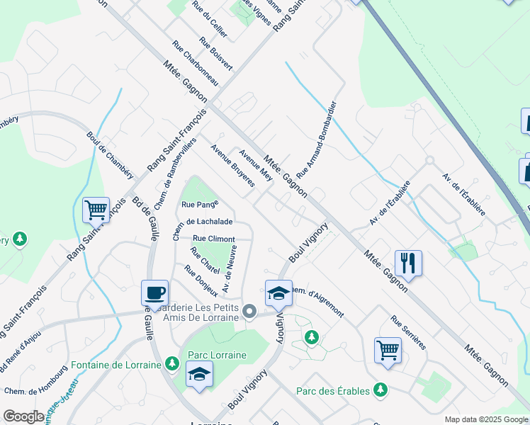 map of restaurants, bars, coffee shops, grocery stores, and more near 134 Rue Fraser in Lorraine