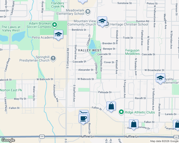map of restaurants, bars, coffee shops, grocery stores, and more near 4512 Alexander Street in Bozeman