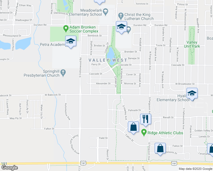 map of restaurants, bars, coffee shops, grocery stores, and more near 4512 Alexander Street in Bozeman