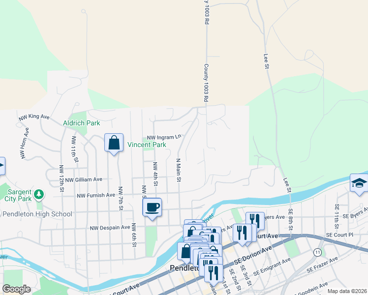 map of restaurants, bars, coffee shops, grocery stores, and more near 710 Northwest 3rd Drive in Pendleton