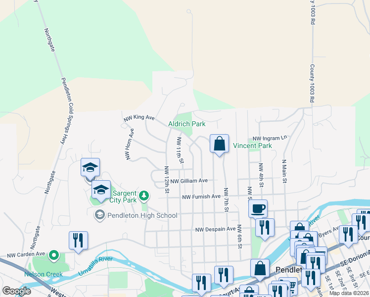 map of restaurants, bars, coffee shops, grocery stores, and more near 810 Northwest 11th Street in Pendleton