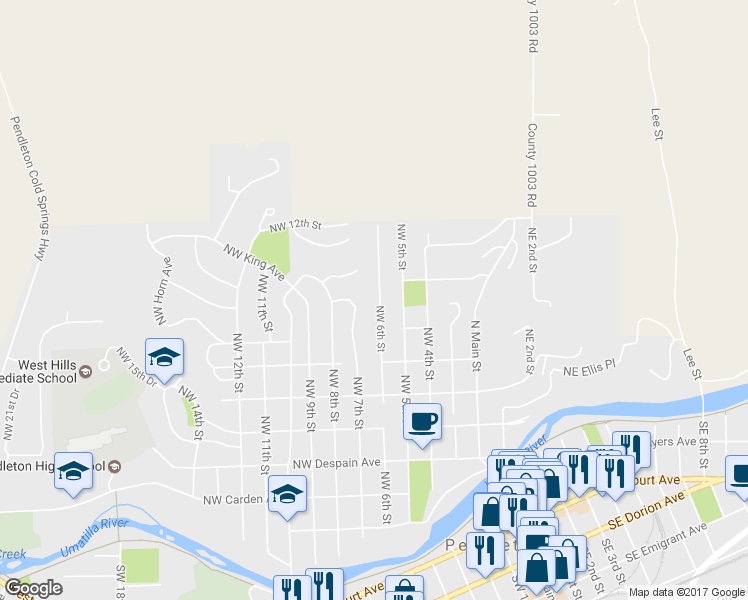 map of restaurants, bars, coffee shops, grocery stores, and more near 715 Northwest 6th Street in Pendleton