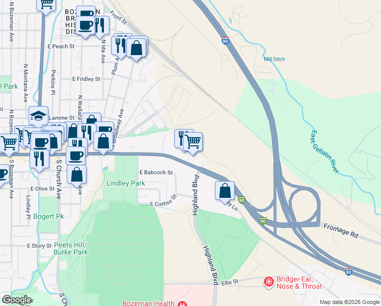 map of restaurants, bars, coffee shops, grocery stores, and more near 1209 East Main Street in Bozeman