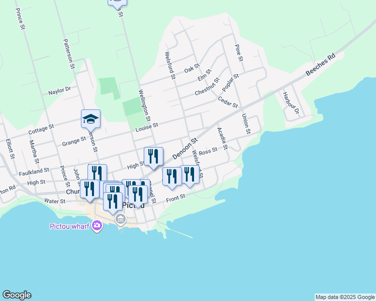 map of restaurants, bars, coffee shops, grocery stores, and more near 159 Denoon Street in Pictou