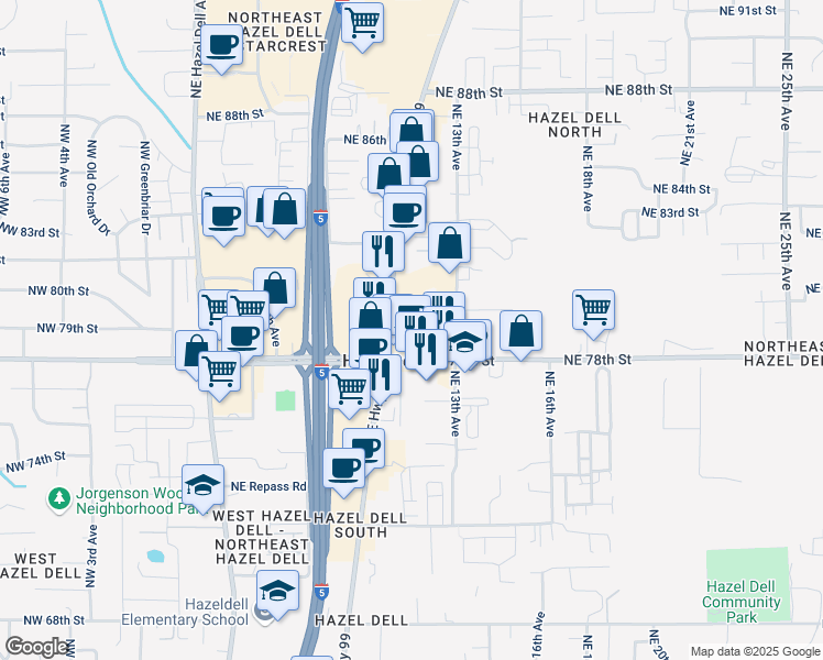 map of restaurants, bars, coffee shops, grocery stores, and more near 7833 Northeast Highway 99 in Vancouver