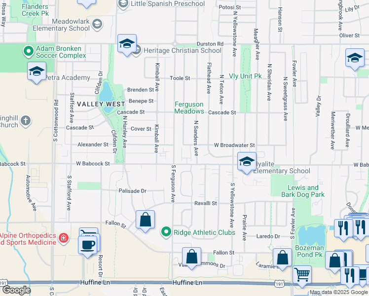 map of restaurants, bars, coffee shops, grocery stores, and more near 4096 Broadwater Court in Bozeman