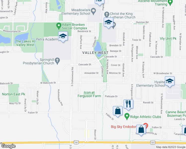 map of restaurants, bars, coffee shops, grocery stores, and more near 4492 Alexander Street in Bozeman
