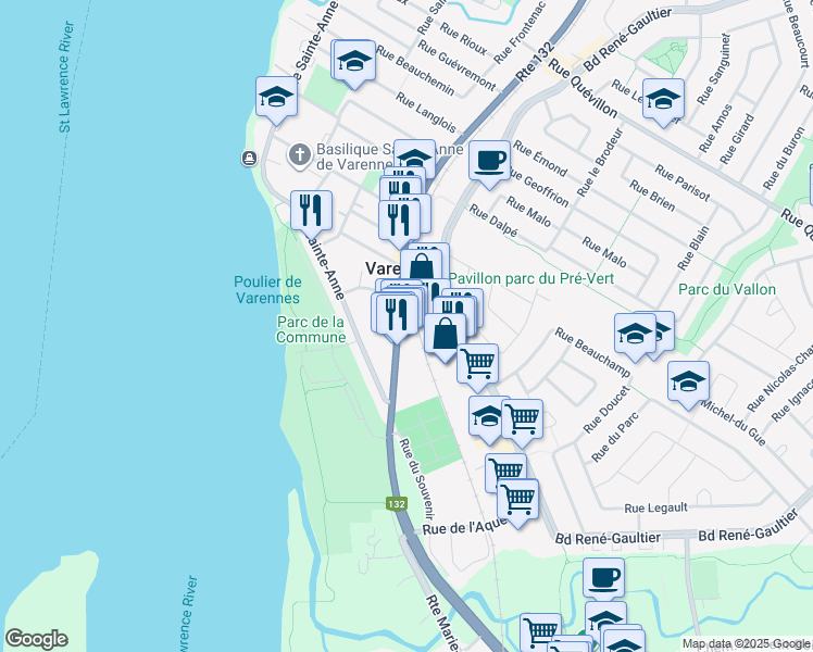 map of restaurants, bars, coffee shops, grocery stores, and more near 2085 Québec 132 in Varennes