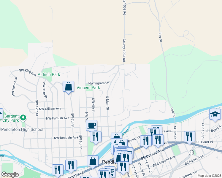 map of restaurants, bars, coffee shops, grocery stores, and more near 710 Northwest 3rd Drive in Pendleton