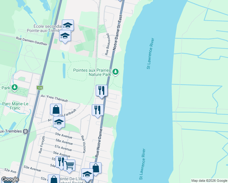 map of restaurants, bars, coffee shops, grocery stores, and more near 17 67e Avenue in Montréal