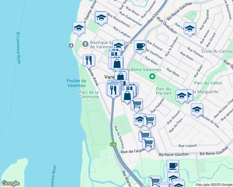 map of restaurants, bars, coffee shops, grocery stores, and more near 2085 Québec 132 in Varennes