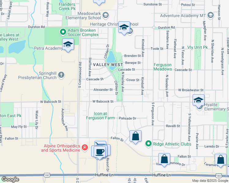 map of restaurants, bars, coffee shops, grocery stores, and more near 4406 Alexander Street in Bozeman