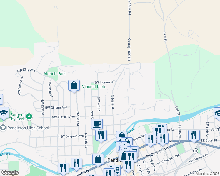 map of restaurants, bars, coffee shops, grocery stores, and more near 710 Northwest 3rd Drive in Pendleton