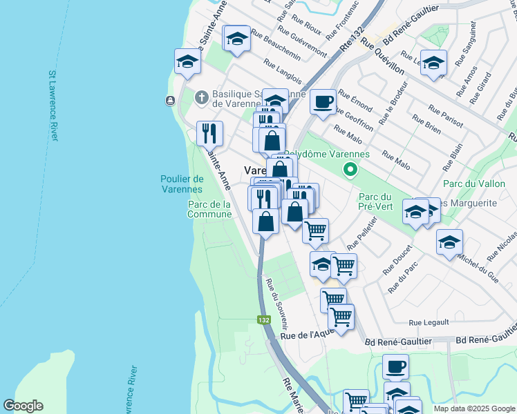 map of restaurants, bars, coffee shops, grocery stores, and more near 2080 Route Marie Victorin in Varennes