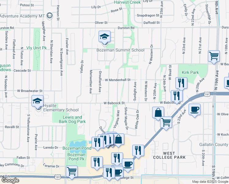 map of restaurants, bars, coffee shops, grocery stores, and more near 9 Hunters Way in Bozeman
