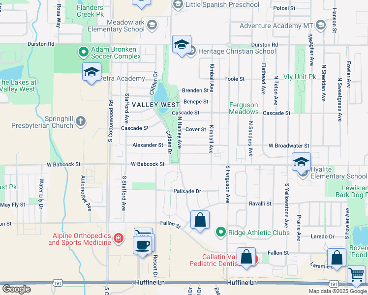 map of restaurants, bars, coffee shops, grocery stores, and more near 4288 Monroe Street in Bozeman