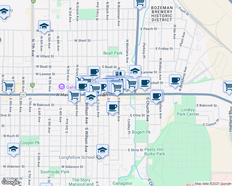 map of restaurants, bars, coffee shops, grocery stores, and more near 131 East Main Street in Bozeman