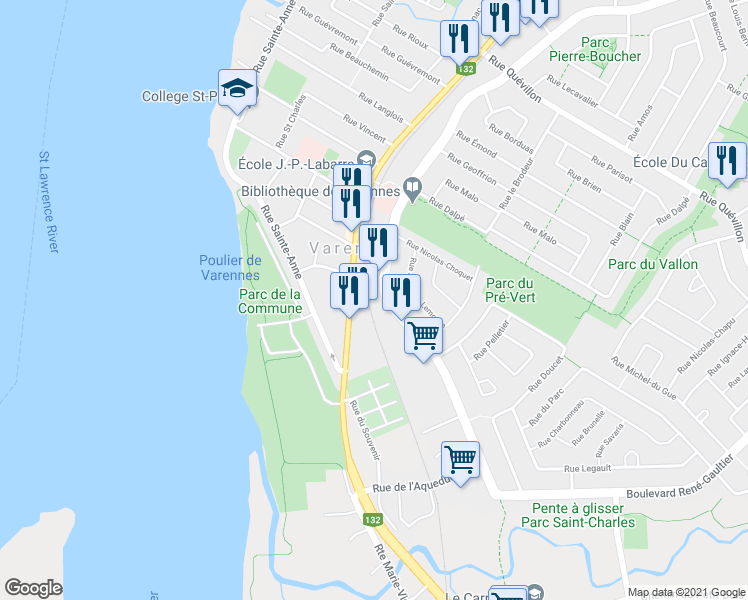 map of restaurants, bars, coffee shops, grocery stores, and more near 2100 Boulevard René-Gaultier in Varennes