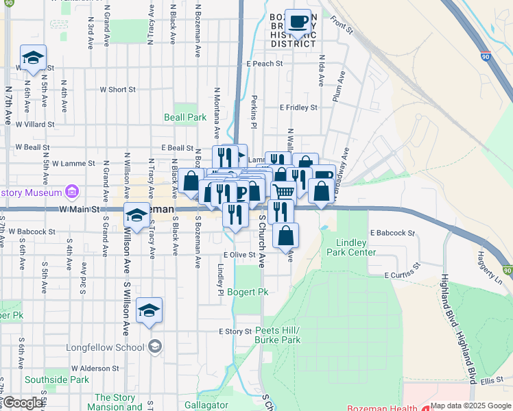 map of restaurants, bars, coffee shops, grocery stores, and more near 443 E Main St in Bozeman