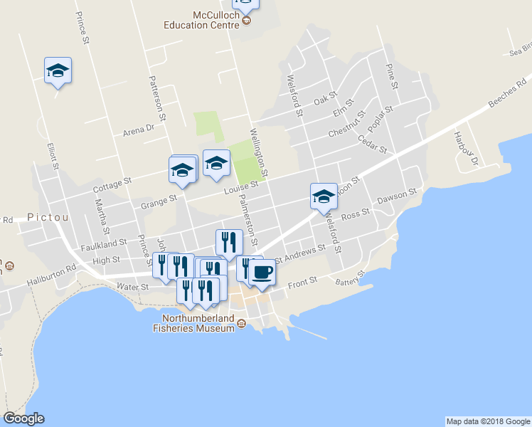 map of restaurants, bars, coffee shops, grocery stores, and more near 83 Faulkland Street in Pictou