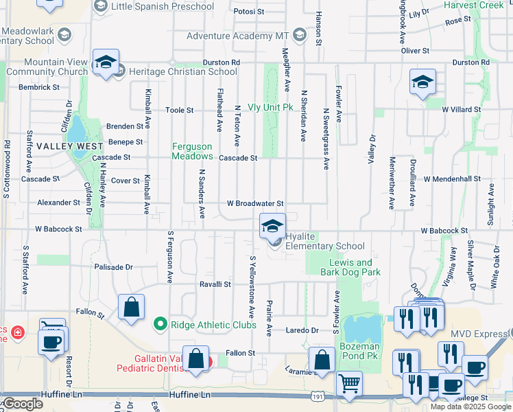 map of restaurants, bars, coffee shops, grocery stores, and more near 10 South Yellowstone Avenue in Bozeman