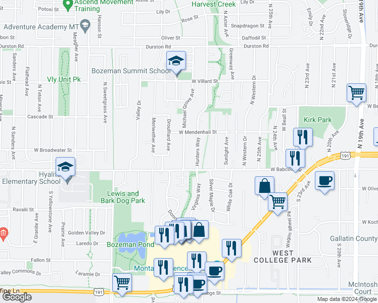 map of restaurants, bars, coffee shops, grocery stores, and more near 22 Michael Grove Avenue in Bozeman