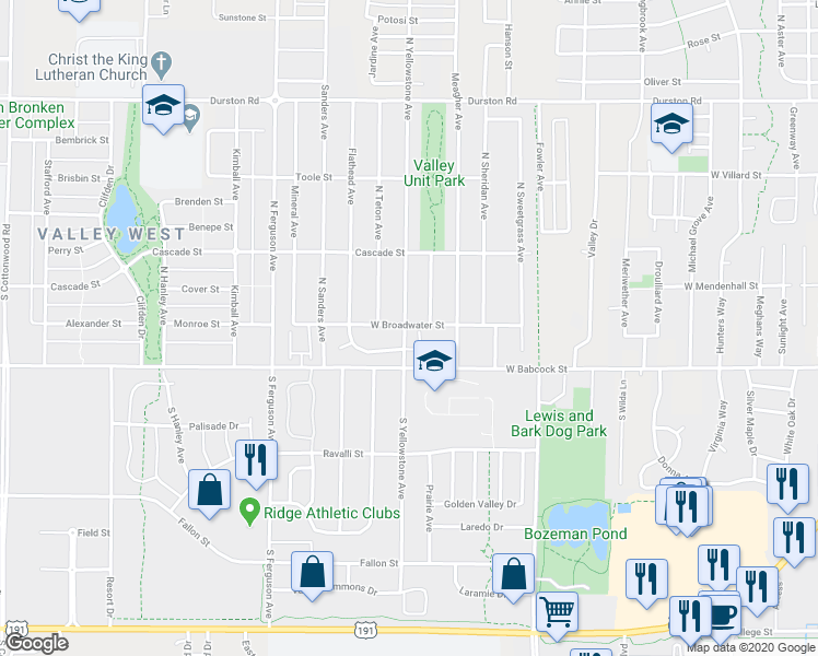 map of restaurants, bars, coffee shops, grocery stores, and more near 10 South Yellowstone Avenue in Bozeman
