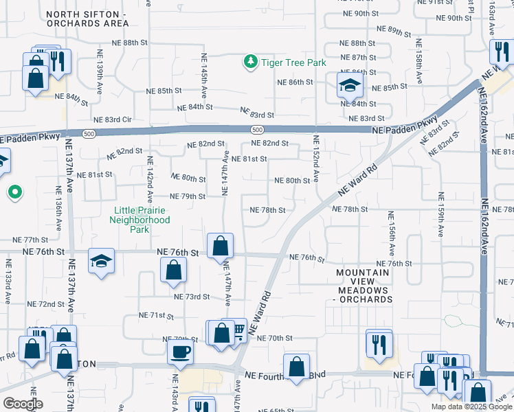 map of restaurants, bars, coffee shops, grocery stores, and more near 14812 Northeast 78th Street in Vancouver