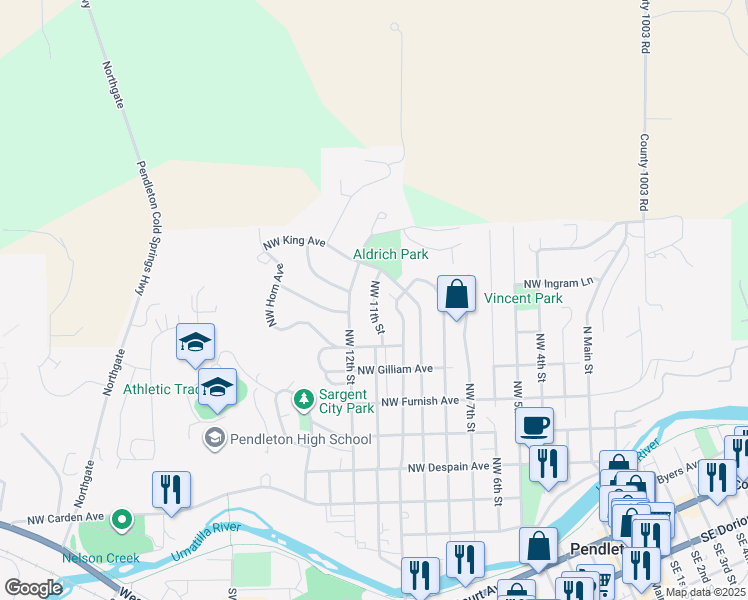 map of restaurants, bars, coffee shops, grocery stores, and more near 810 Northwest 11th Street in Pendleton