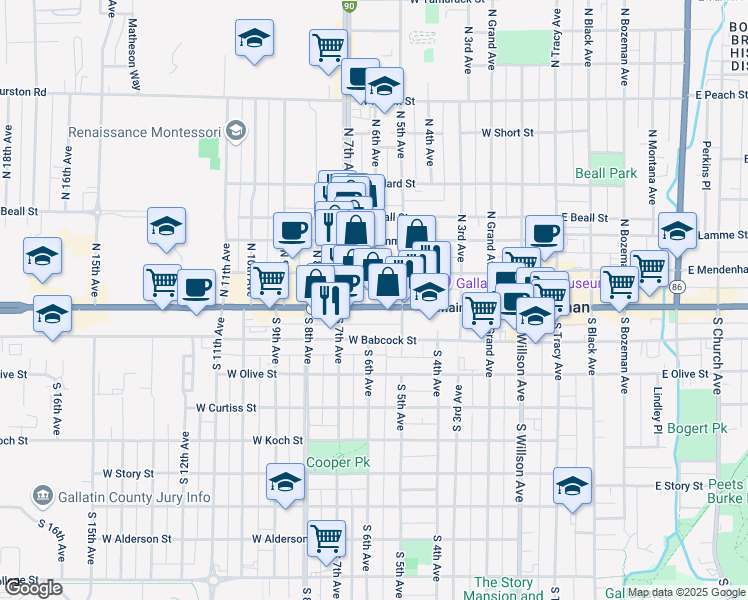 map of restaurants, bars, coffee shops, grocery stores, and more near 601 West Main Street in Bozeman