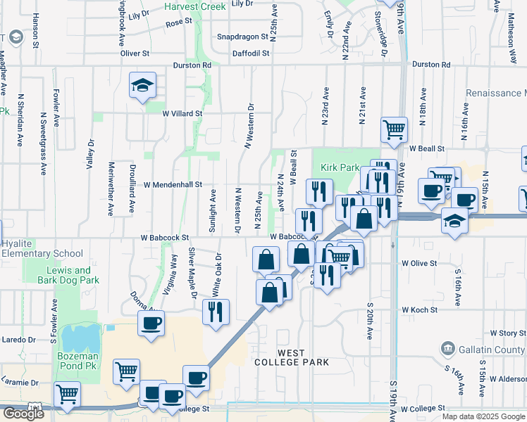 map of restaurants, bars, coffee shops, grocery stores, and more near 38 North 25th Avenue in Bozeman