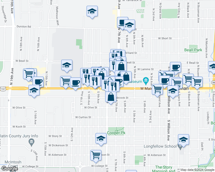 map of restaurants, bars, coffee shops, grocery stores, and more near 801 West Main Street in Bozeman