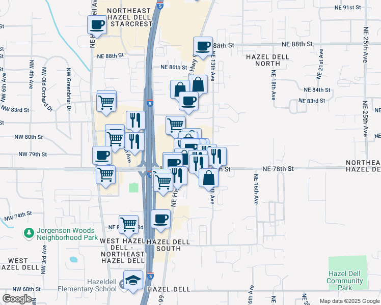 map of restaurants, bars, coffee shops, grocery stores, and more near 7833 Northeast Highway 99 in Vancouver