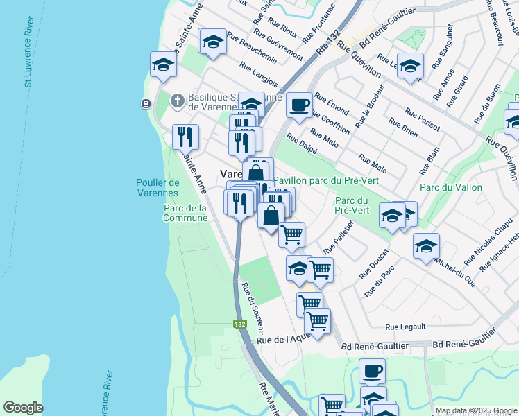 map of restaurants, bars, coffee shops, grocery stores, and more near 2085 Québec 132 in Varennes