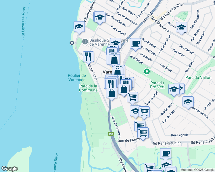 map of restaurants, bars, coffee shops, grocery stores, and more near 2080 Route Marie Victorin in Varennes