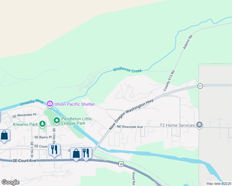 map of restaurants, bars, coffee shops, grocery stores, and more near 13 Northeast Nelson Drive in Pendleton