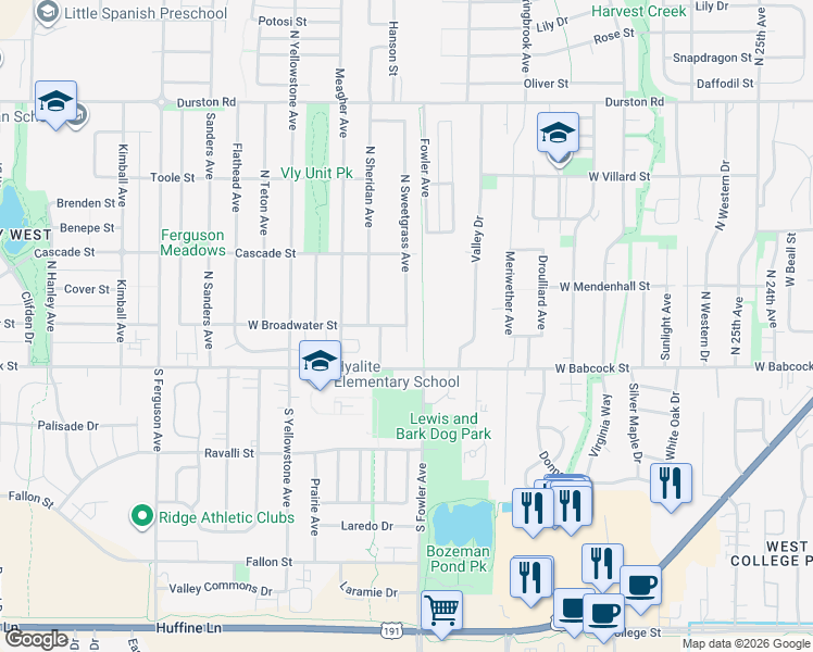 map of restaurants, bars, coffee shops, grocery stores, and more near 3400 West Broadwater Street in Bozeman