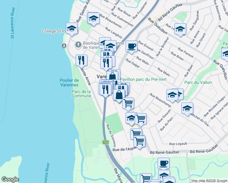 map of restaurants, bars, coffee shops, grocery stores, and more near 2100 Boulevard René-Gaultier in Varennes