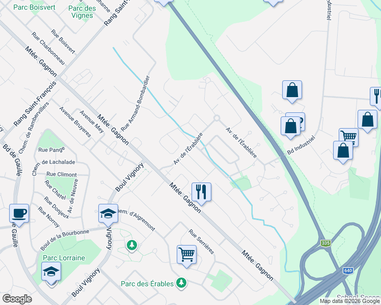 map of restaurants, bars, coffee shops, grocery stores, and more near 121 Avenue de Lanaudière in Bois-des-Filion
