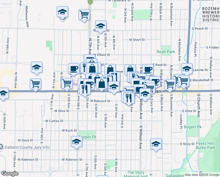 map of restaurants, bars, coffee shops, grocery stores, and more near 421 W Main St in Bozeman