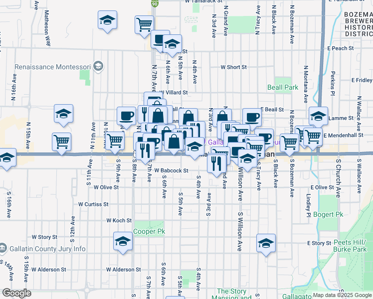 map of restaurants, bars, coffee shops, grocery stores, and more near 421 W Main St in Bozeman