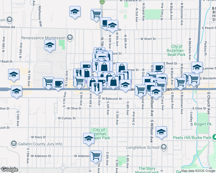 map of restaurants, bars, coffee shops, grocery stores, and more near 601 West Main Street in Bozeman