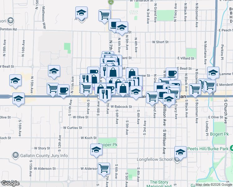 map of restaurants, bars, coffee shops, grocery stores, and more near 601 West Main Street in Bozeman
