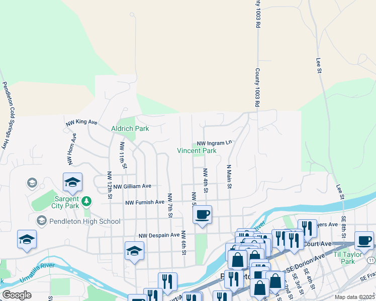map of restaurants, bars, coffee shops, grocery stores, and more near 723 Northwest 5th Street in Pendleton