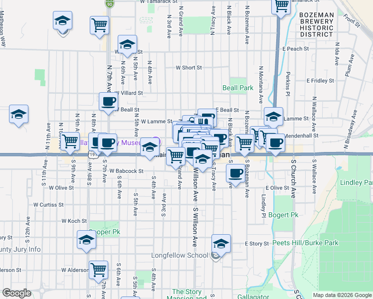 map of restaurants, bars, coffee shops, grocery stores, and more near 105 West Main Street in Bozeman