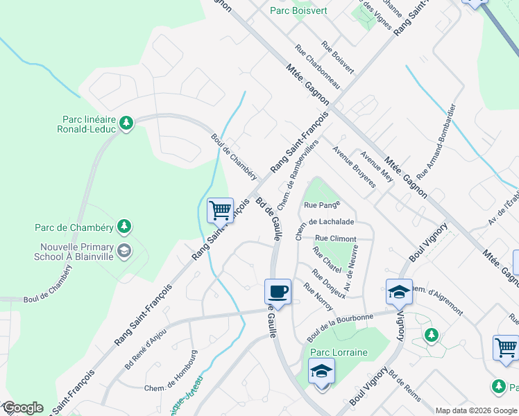 map of restaurants, bars, coffee shops, grocery stores, and more near 256 Boulevard de Gaulle in Lorraine